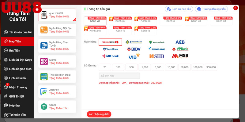 Hướng dẫn quy trình nạp tiền vào tài khoản UU88 bằng nhiều phương thức